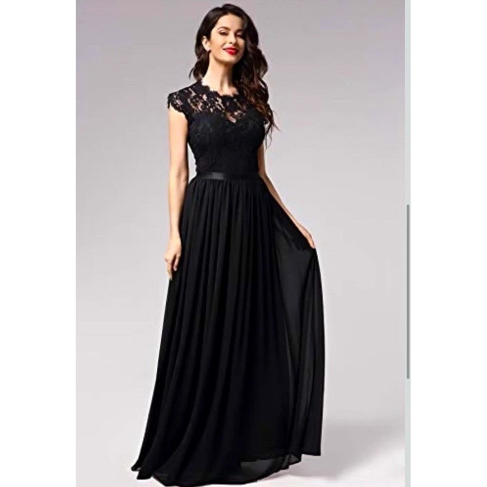 Miusol Womens S Black Solid Lace Maxi Dress Lined Round Neck Cap Sleeve Zip